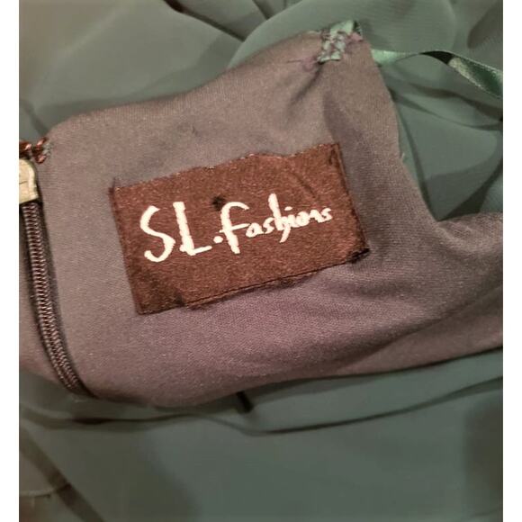 SL Fashions Green Chiffon Tiered Ruffle Beaded Dress Women’s L Cocktail Party - Picture 6 of 6